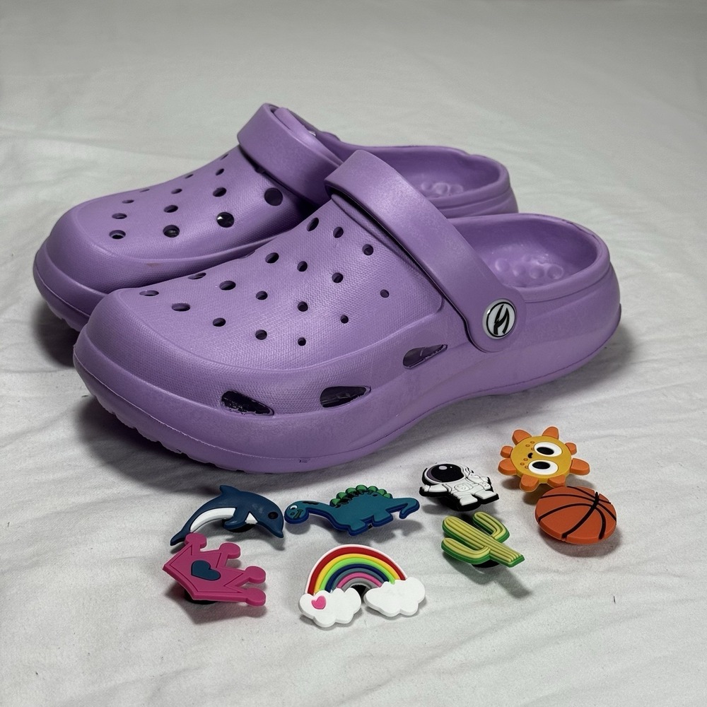 Kids Clogs Purple Sandals Size US 1 EU 32 Slip On With Charms Lightweight